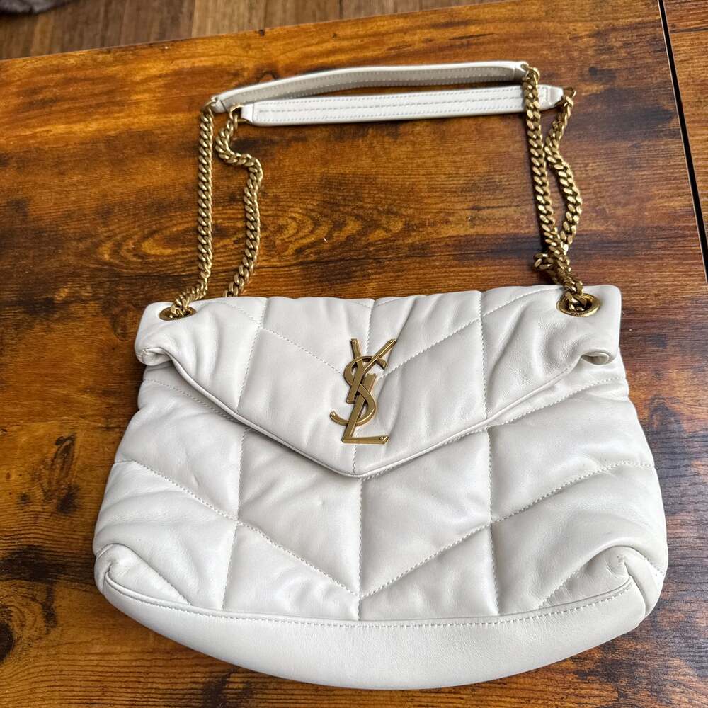 Saint Laurent Lou Puffer Small Ysl Shoulder Bag In Quilted Leather In Crema Soft